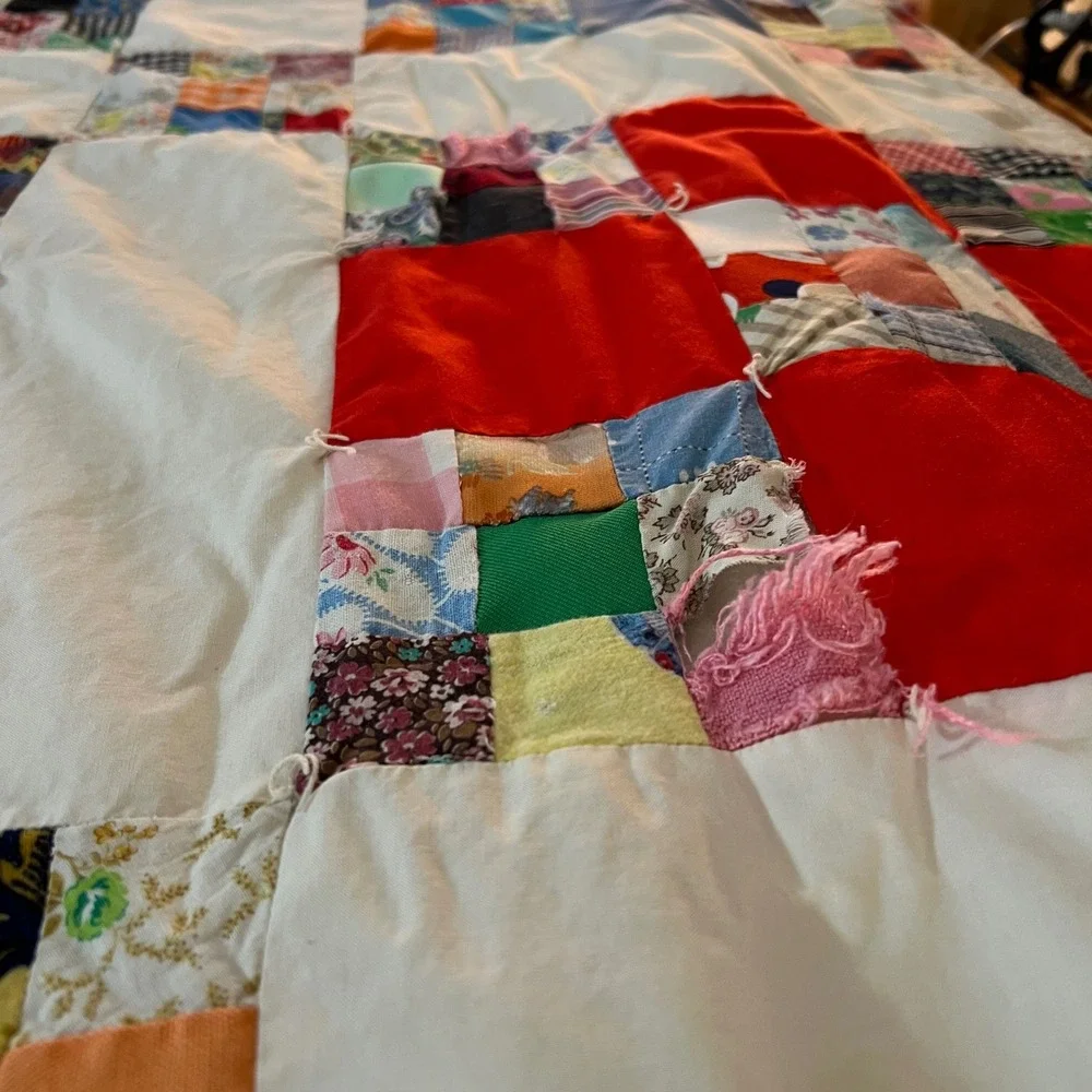 Vintage Handmade Patchwork Quilt Scrappy Multi Color Cotton 90
